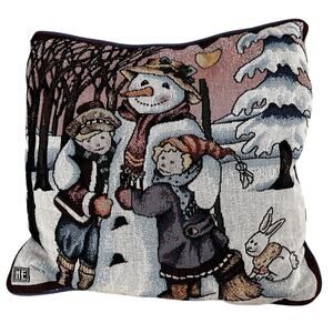 Vtg Mary Engelbreit Tapestry Pillow Happy Winter Snowman Bunny Rabbit USA 15”